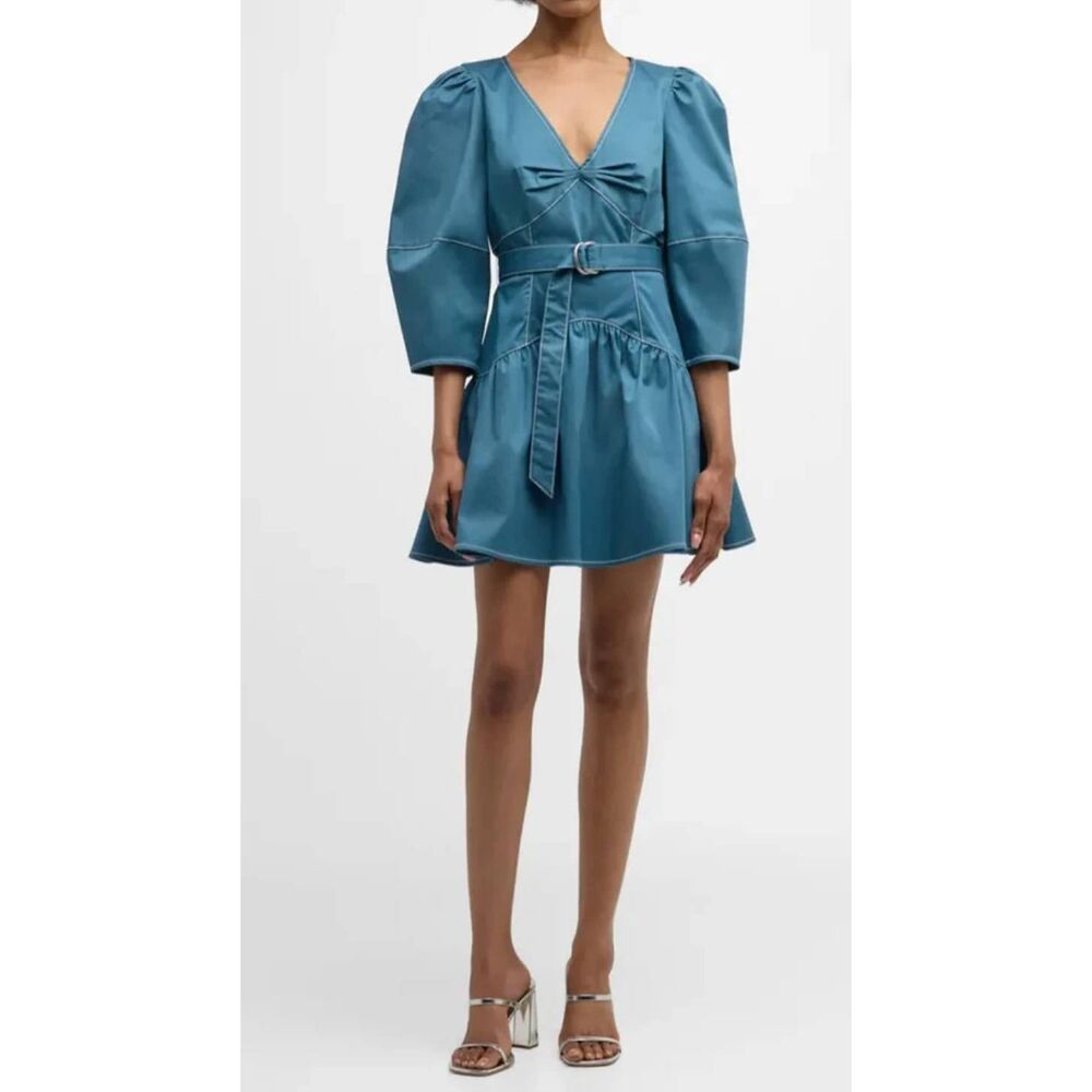 Cinq a Sept "Siene" slate blue mini dress, Self belt, V-neck, 3/4 sleeve, NWOT,8